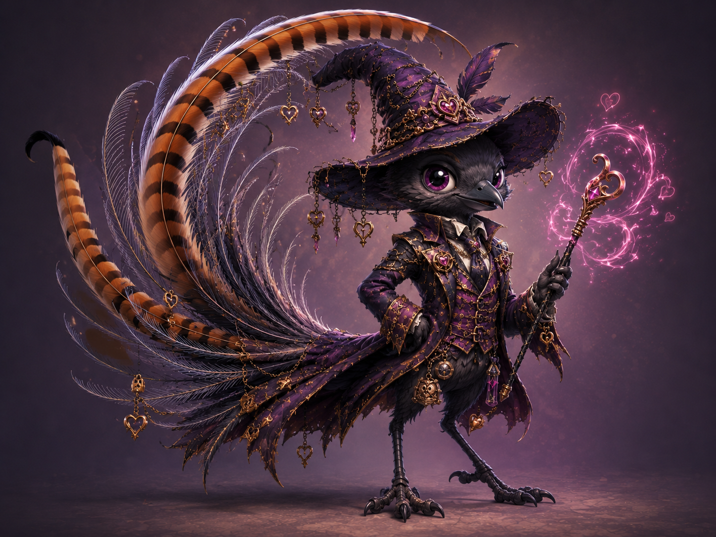 Lari the Lyrebird Warlock in purple and gold, holding a heart-tipped staff beneath an orange-and-black lyrebird tail